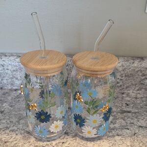 Floral Glasses with Bamboo Lids